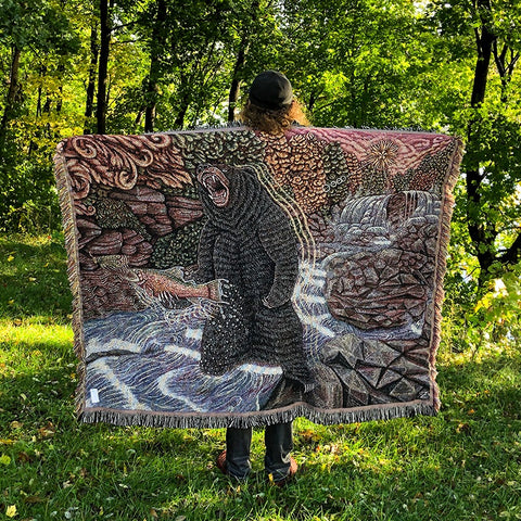 Art Blanket - Who's Eating Who?! Bear Trout Waterfall - 68 x 50 Inch - Tapestry Woven Throw